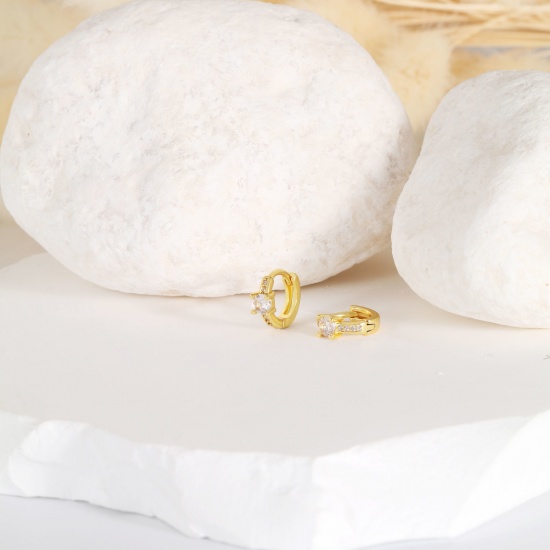 Immagine di 1 Paio Ecologico Elegante Squisito 18K Vero Oro Placcato Ottone & Strass Orecchini Circolari Per Donne Regalo 12mm x 10.5mm