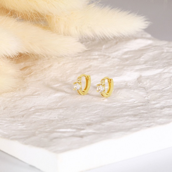 Immagine di 1 Paio Ecologico Elegante Squisito 18K Vero Oro Placcato Ottone & Strass Orecchini Circolari Per Donne Regalo 12mm x 10.5mm