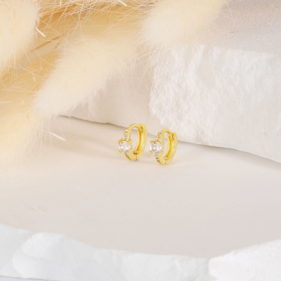 Immagine di 1 Paio Ecologico Elegante Squisito 18K Vero Oro Placcato Ottone & Strass Orecchini Circolari Per Donne Regalo 12mm x 10.5mm