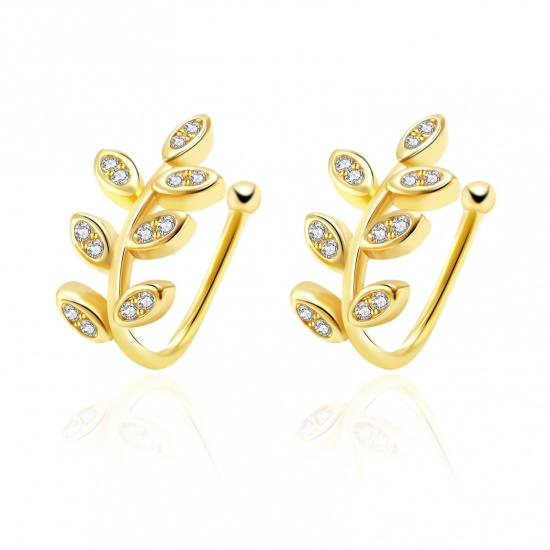 Immagine di 1 Paio Ecologico Elegante Squisito 18K Vero Oro Placcato Ottone & Strass Foglia Orecchino Per Donne Regalo 14mm x 10mm