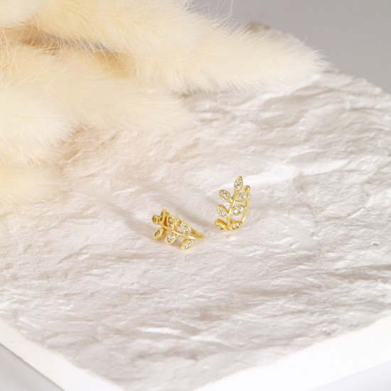 Immagine di 1 Paio Ecologico Elegante Squisito 18K Vero Oro Placcato Ottone & Strass Foglia Orecchino Per Donne Regalo 14mm x 10mm
