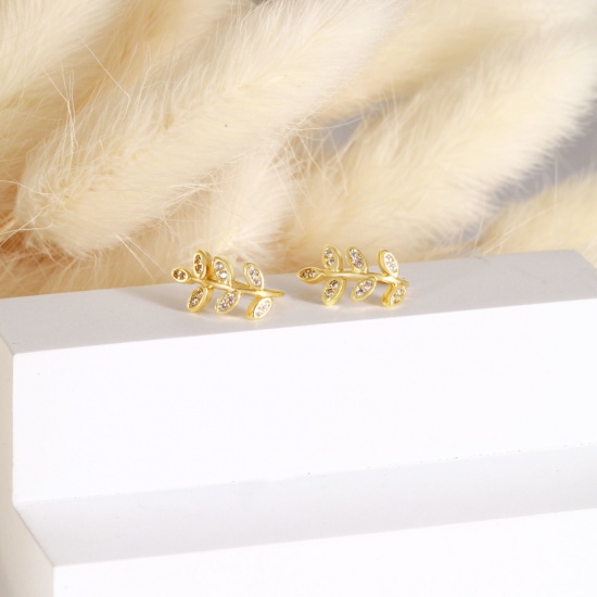 Immagine di 1 Paio Ecologico Elegante Squisito 18K Vero Oro Placcato Ottone & Strass Foglia Orecchino Per Donne Regalo 14mm x 10mm