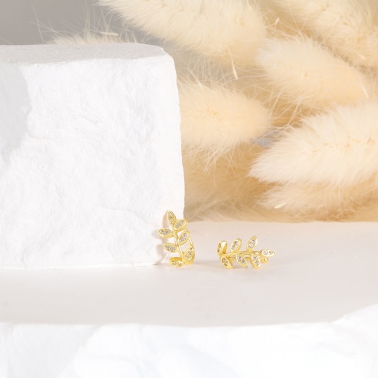 Immagine di 1 Paio Ecologico Elegante Squisito 18K Vero Oro Placcato Ottone & Strass Foglia Orecchino Per Donne Regalo 14mm x 10mm