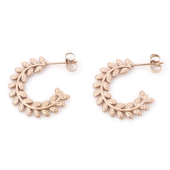 Picture of 1 Pair Vacuum Plating 316 Stainless Steel Stylish Hoop Earrings Rose Gold C Shape Leaf 24mm x 22mm, Post/ Wire Size: (20 gauge)