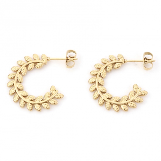 Picture of 1 Pair Vacuum Plating 316 Stainless Steel Stylish Hoop Earrings Gold Plated C Shape Leaf 24mm x 22mm, Post/ Wire Size: (20 gauge)