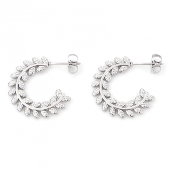 Picture of 316 Stainless Steel Stylish Hoop Earrings Silver Tone C Shape Leaf 24mm x 22mm, Post/ Wire Size: (20 gauge), 1 Pair