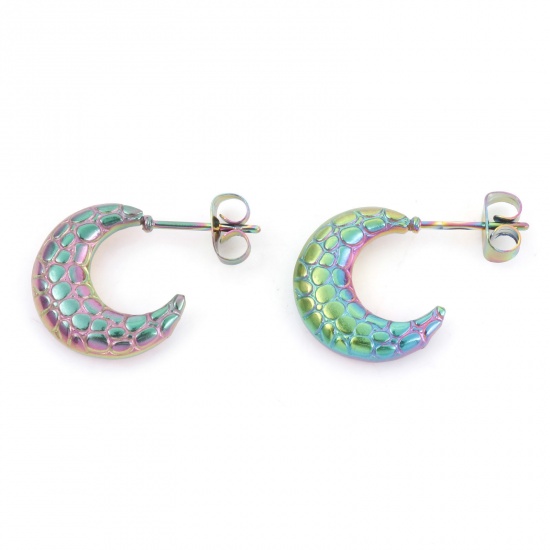 Picture of 1 Pair Vacuum Plating 316 Stainless Steel Stylish Hoop Earrings Rainbow Color Plated Half Moon Texture 21mm x 15mm, Post/ Wire Size: (20 gauge)