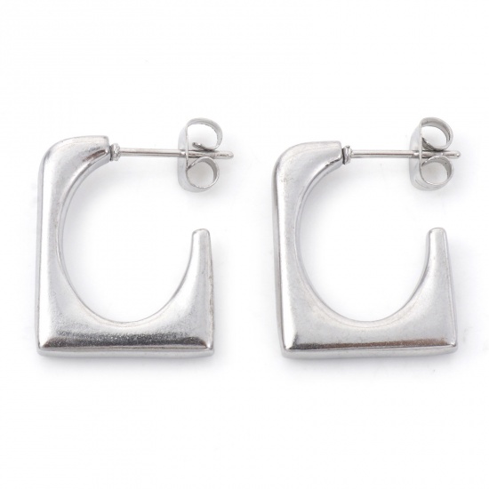 Immagine di 316 Acciaio inossidabile Elegante orecchino cerchio Tono Argento A Forma di U Rettangolo 20mm x 18mm, Posta / Filo Dimensione: (20 misura), 1 Paio