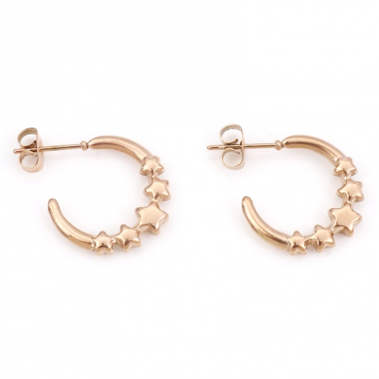 Image de 1 Paire Boucles d'Oreilles Créole Anneaux en 316 Acier Inoxydable Placage sous Vide Or Rose Forme de C Etoile 23mm x 19mm , Epaisseur de Fil: (20 gauge)