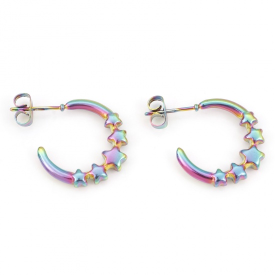 Image de 1 Paire Boucles d'Oreilles Créole Anneaux en 316 Acier Inoxydable Placage sous Vide Plaqué de Couleur Arc-en-ciel Forme de C Etoile 23mm x 19mm , Epaisseur de Fil: (20 gauge)