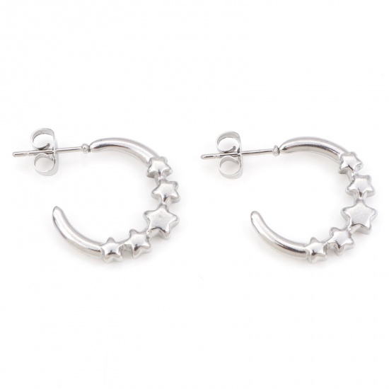 Image de Boucles d'Oreilles Créole Anneaux en 316 Acier Inoxydable Argent Mat Forme de C Etoile 23mm x 19mm , Epaisseur de Fil: (20 gauge), 1 Paire