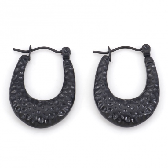 Imagen de 1 Par Enchapado al Vacío 316 Acero Inoxidable Aretes de Aro Negro En forma de U Realce 24.5mm x 18mm, Post/ Wire Size: (21 gauge)