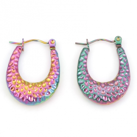 Imagen de 1 Par Enchapado al Vacío 316 Acero Inoxidable Aretes de Aro Chapado en Color Arco Iris En forma de U Realce 24.5mm x 18mm, Post/ Wire Size: (21 gauge)