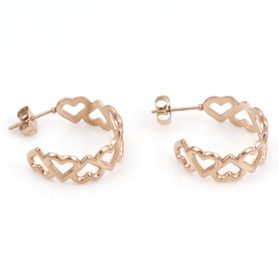 Imagen de 1 Par Enchapado al Vacío 316 Acero Inoxidable Aretes de Aro Oro Rosa Forma de C Corazón Hueco 24mm x 20mm, Post/ Wire Size: (20 gauge)
