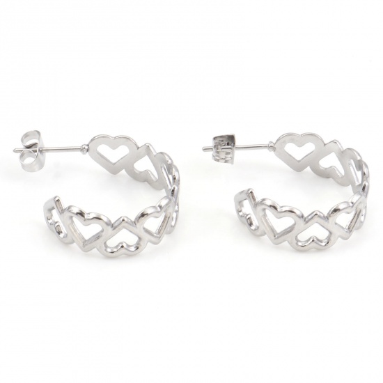 Imagen de 316 Acero Inoxidable Pendientes Círculos Tono de Plata Forma de C Corazón Hueco 24mm x 20mm, Post/ Wire Size: (20 gauge), 1 Par