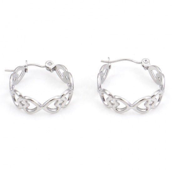 Picture of 316 Stainless Steel Hoop Earrings Silver Tone Circle Ring Heart 21mm x 20mm, Post/ Wire Size: (21 gauge), 1 Pair