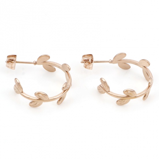 Image de 1 Paire Boucles d'Oreilles Créole Anneaux en 316 Acier Inoxydable Placage sous Vide Or Rose Forme de C Feuilles 24mm x 20mm , Epaisseur de Fil: (20 gauge)