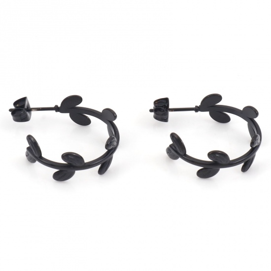 Image de 1 Paire Boucles d'Oreilles Créole Anneaux en 316 Acier Inoxydable Placage sous Vide Noir Forme de C Feuilles 24mm x 20mm , Epaisseur de Fil: (20 gauge)