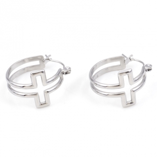Picture of 316 Stainless Steel Hoop Earrings Silver Tone Circle Ring Cross Hollow 23mm x 20mm, Post/ Wire Size: (21 gauge), 1 Pair