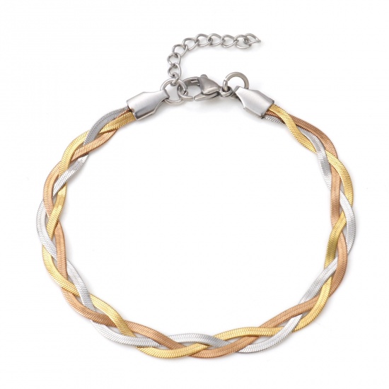 Picture of 304 Stainless Steel Snake Chain Bracelets Gold Plated & Silver Tone Braided 18.5cm(7 2/8") long, 1 Piece