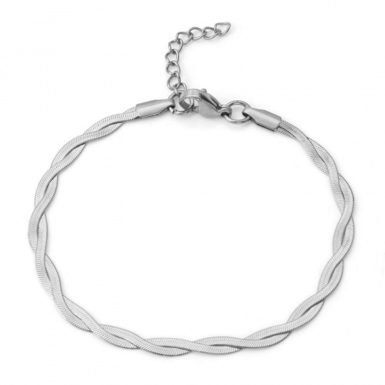 Picture of 304 Stainless Steel Snake Chain Bracelets Silver Tone Braided 18.5cm(7 2/8") long, 1 Piece