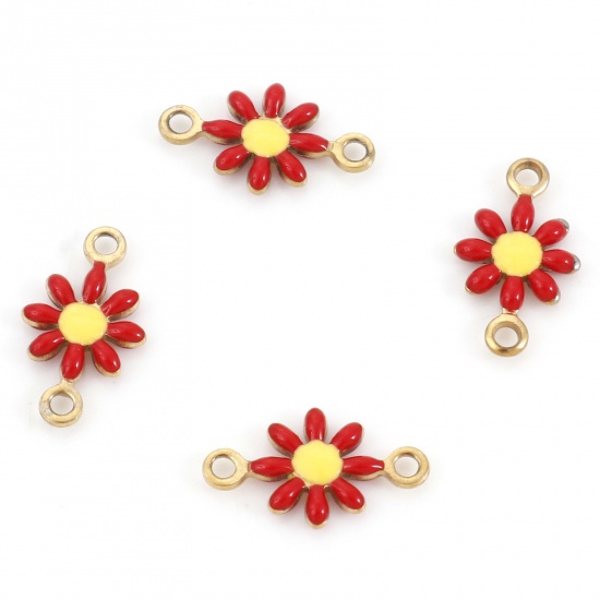 Picture of 10 PCs Vacuum Plating 304 Stainless Steel Connectors Charms Pendants Gold Plated Red Daisy Flower Enamel 13mm x 7.5mm