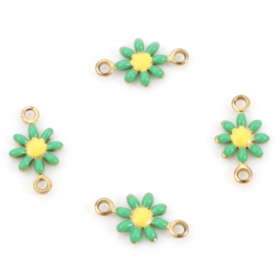 Picture of 10 PCs Vacuum Plating 304 Stainless Steel Connectors Charms Pendants Gold Plated Green Daisy Flower Enamel 13mm x 7.5mm