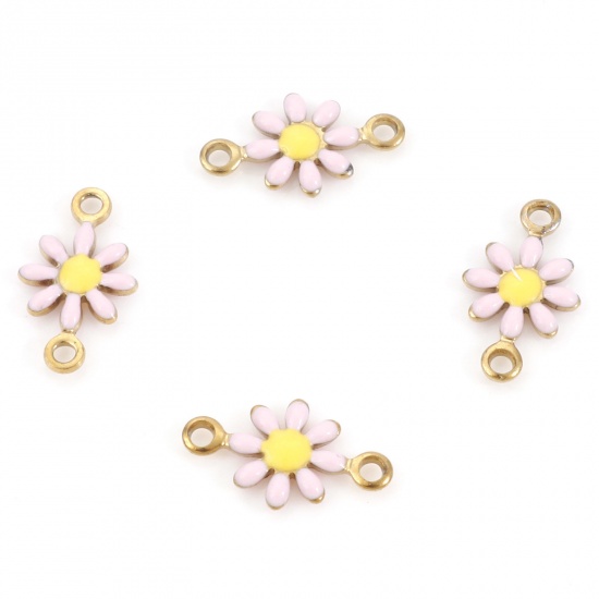 Picture of 10 PCs Vacuum Plating 304 Stainless Steel Connectors Charms Pendants Gold Plated Light Pink Daisy Flower Enamel 13mm x 7.5mm