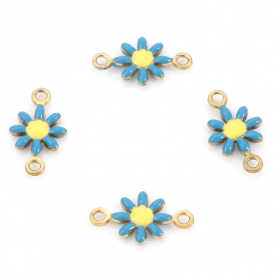 Picture of 10 PCs Vacuum Plating 304 Stainless Steel Connectors Charms Pendants Gold Plated Peacock Blue Daisy Flower Enamel 13mm x 7.5mm