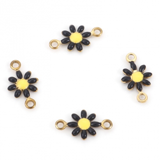 Picture of 10 PCs Vacuum Plating 304 Stainless Steel Connectors Charms Pendants Gold Plated Black Daisy Flower Enamel 13mm x 7.5mm