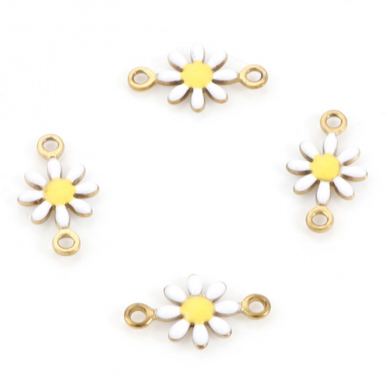 Picture of 304 Stainless Steel Connectors Gold Plated White Daisy Flower Enamel 13mm x 7.5mm, 10 PCs