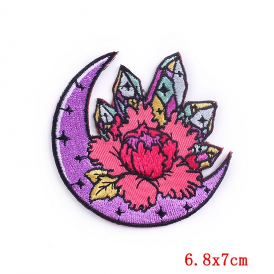 Picture of Polyester Iron On Patches Appliques (With Glue Back) DIY Sewing Craft Clothing Decoration Multicolor Half Moon Flower Embroidered 7cm x 6.8cm, 2 PCs