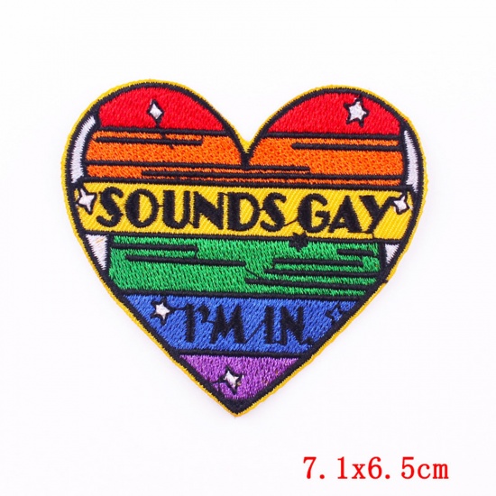 Picture of Polyester Iron On Patches Appliques (With Glue Back) DIY Sewing Craft Clothing Decoration Multicolor Heart Embroidered 7.1cm x 6.5cm, 2 PCs