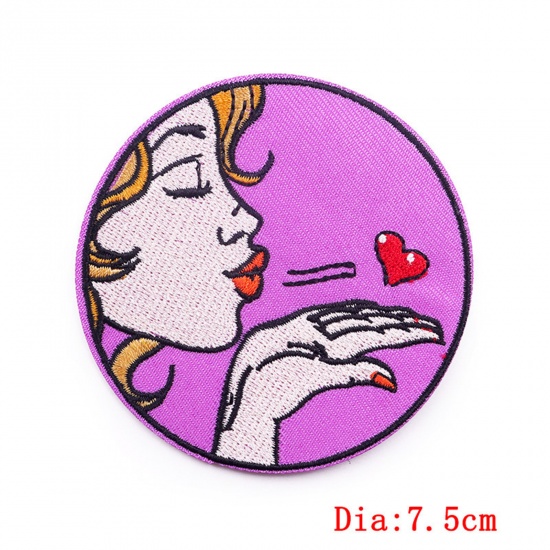 Picture of Polyester Iron On Patches Appliques (With Glue Back) DIY Sewing Craft Clothing Decoration Multicolor Round Woman Embroidered 7.5cm Dia., 2 PCs