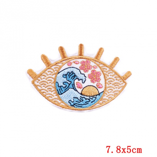 Picture of Polyester Iron On Patches Appliques (With Glue Back) DIY Sewing Craft Clothing Decoration Multicolor Eye Sea Embroidered 7.8cm x 5cm, 2 PCs