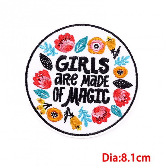 Picture of Polyester Iron On Patches Appliques (With Glue Back) DIY Sewing Craft Clothing Decoration Multicolor Round Flower Leaves Embroidered 8.1cm x 2 PCs