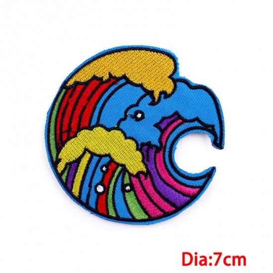 Picture of Polyester Iron On Patches Appliques (With Glue Back) DIY Sewing Craft Clothing Decoration Multicolor Round Wave Embroidered 7cm Dia., 2 PCs