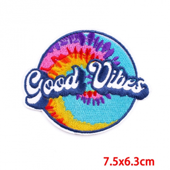 Picture of Polyester Iron On Patches Appliques (With Glue Back) DIY Sewing Craft Clothing Decoration Multicolor Round Wave Embroidered 7.5cm x 6.3cm, 2 PCs