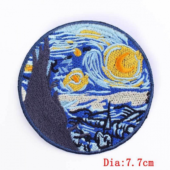 Picture of Polyester Iron On Patches Appliques (With Glue Back) DIY Sewing Craft Clothing Decoration Multicolor Round Painting Embroidered 7.7cm Dia., 2 PCs