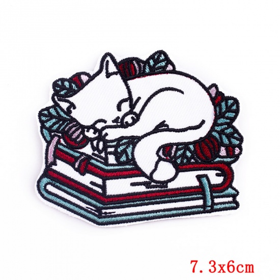 Picture of Polyester Iron On Patches Appliques (With Glue Back) DIY Sewing Craft Clothing Decoration Multicolor Cat Animal Embroidered 7.3cm x 6cm, 2 PCs