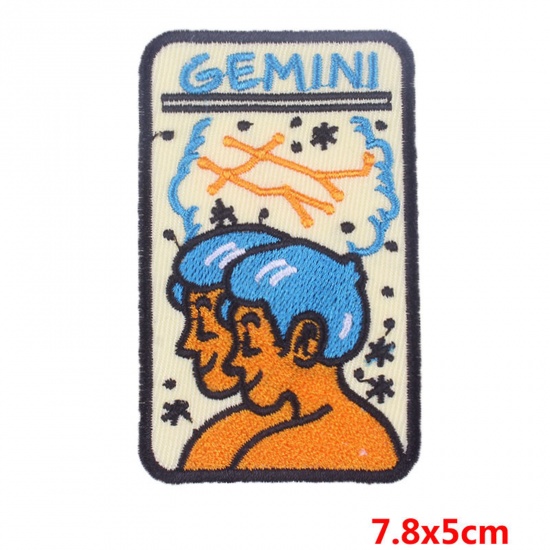 Picture of Polyester Iron On Patches Appliques (With Glue Back) DIY Sewing Craft Clothing Decoration Multicolor Rectangle Gemini Sign Of Zodiac Constellations Embroidered 7.8cm x 5cm, 2 PCs