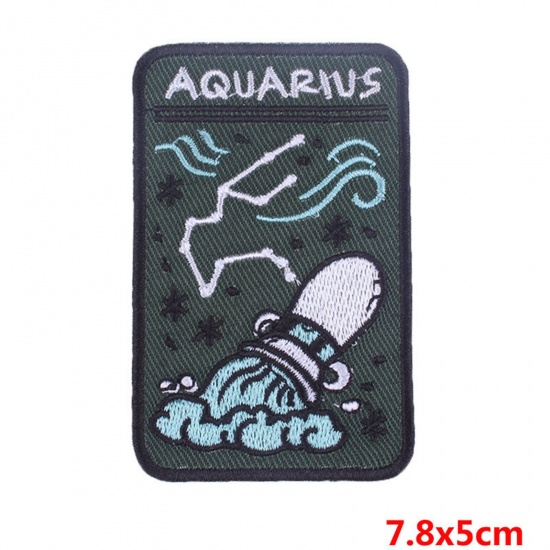 Picture of Polyester Iron On Patches Appliques (With Glue Back) DIY Sewing Craft Clothing Decoration Multicolor Rectangle Aquarius Sign Of Zodiac Constellations Embroidered 7.8cm x 5cm, 2 PCs