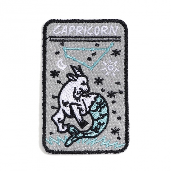 Picture of Polyester Iron On Patches Appliques (With Glue Back) DIY Sewing Craft Clothing Decoration Multicolor Rectangle Capricornus Sign Of Zodiac Constellations Embroidered 7.8cm x 5cm, 2 PCs