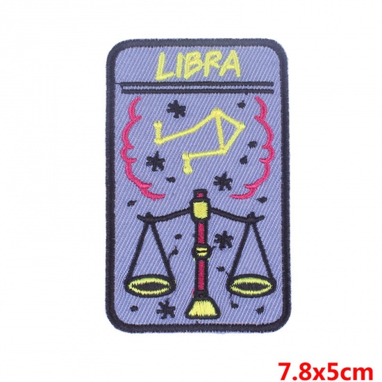 Picture of Polyester Iron On Patches Appliques (With Glue Back) DIY Sewing Craft Clothing Decoration Multicolor Rectangle Libra Sign Of Zodiac Constellations Embroidered 7.8cm x 5cm, 2 PCs