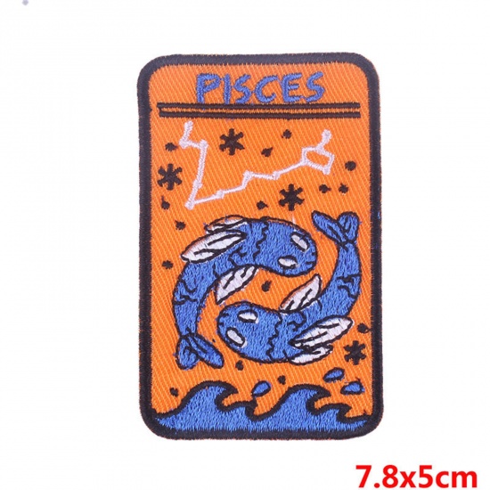 Picture of Polyester Iron On Patches Appliques (With Glue Back) DIY Sewing Craft Clothing Decoration Multicolor Rectangle Pisces Sign Of Zodiac Constellations Embroidered 7.8cm x 5cm, 2 PCs