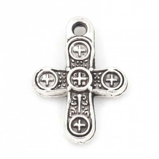 Picture of Zinc Based Alloy Religious Charms Antique Silver Color Cross 14mm x 10mm, 50 PCs