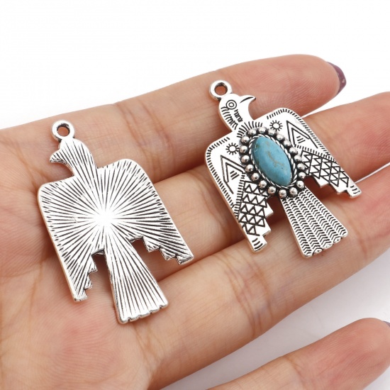 Picture of Zinc Based Alloy Boho Chic Bohemia Pendants Antique Silver Color Green Blue Thunderbird With Resin Cabochons Imitation Turquoise 3.7cm x 2.2cm, 5 PCs