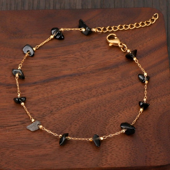 Picture of 304 Stainless Steel Boho Chic Bohemia Bracelets Gold Plated Black Chip Beads 19cm(7 4/8") long, 1 Piece