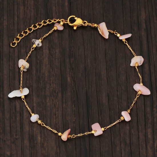 Picture of 304 Stainless Steel Boho Chic Bohemia Bracelets Gold Plated Light Pink Chip Beads 19cm(7 4/8") long, 1 Piece