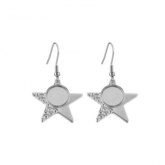Picture of 304 Stainless Steel Splicing Earring Accessories Pentagram Star Silver Tone Texture Cabochon Settings (Fits 12mm Dia.) 30mm x 20mm, Post/ Wire Size: (21 gauge), 5 PCs